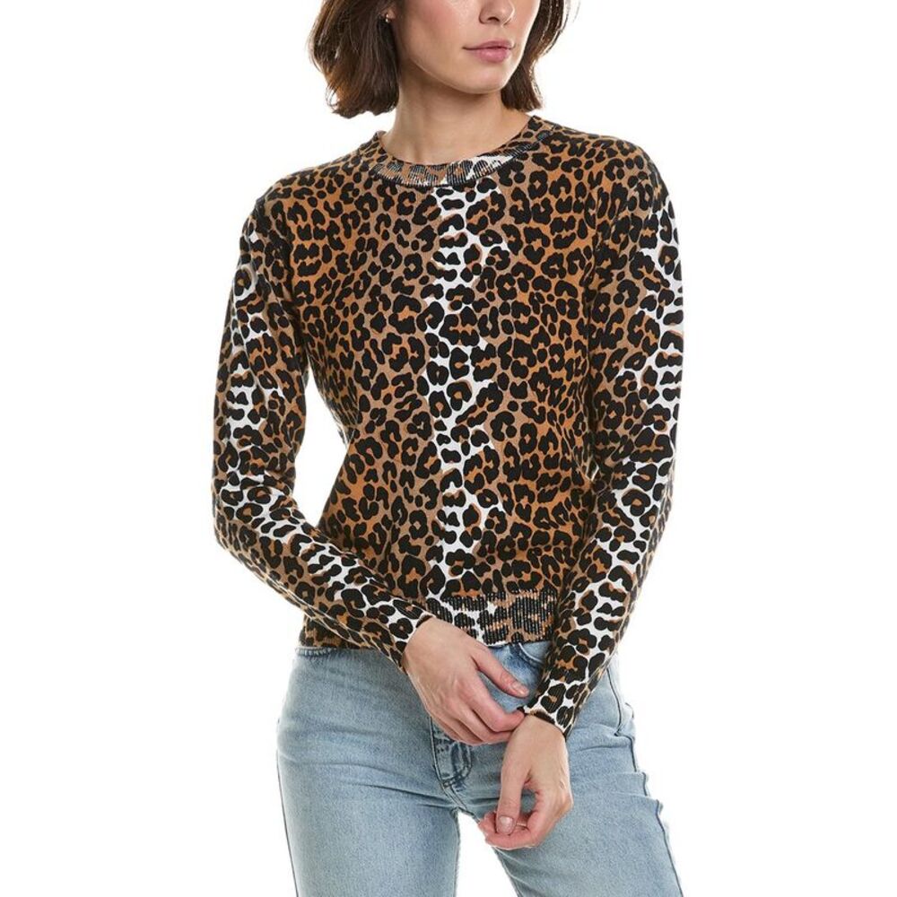 Brodie Cashmere Womens Leopard Crewneck Cashmere-Blend Sweater, Brown